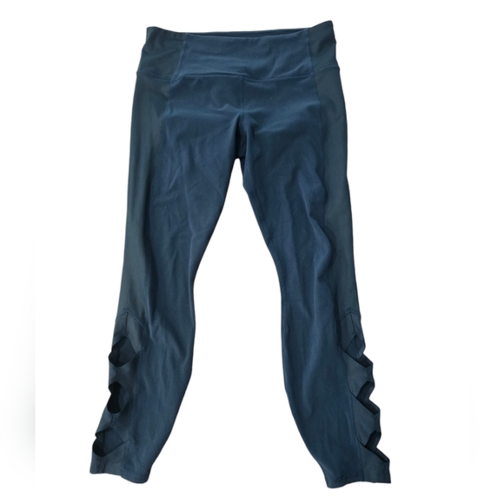 Athleta Cobra Tight Leggings Ankle Crop Criss Cross Cutout Abyss Teal‎ M - Picture 3 of 7